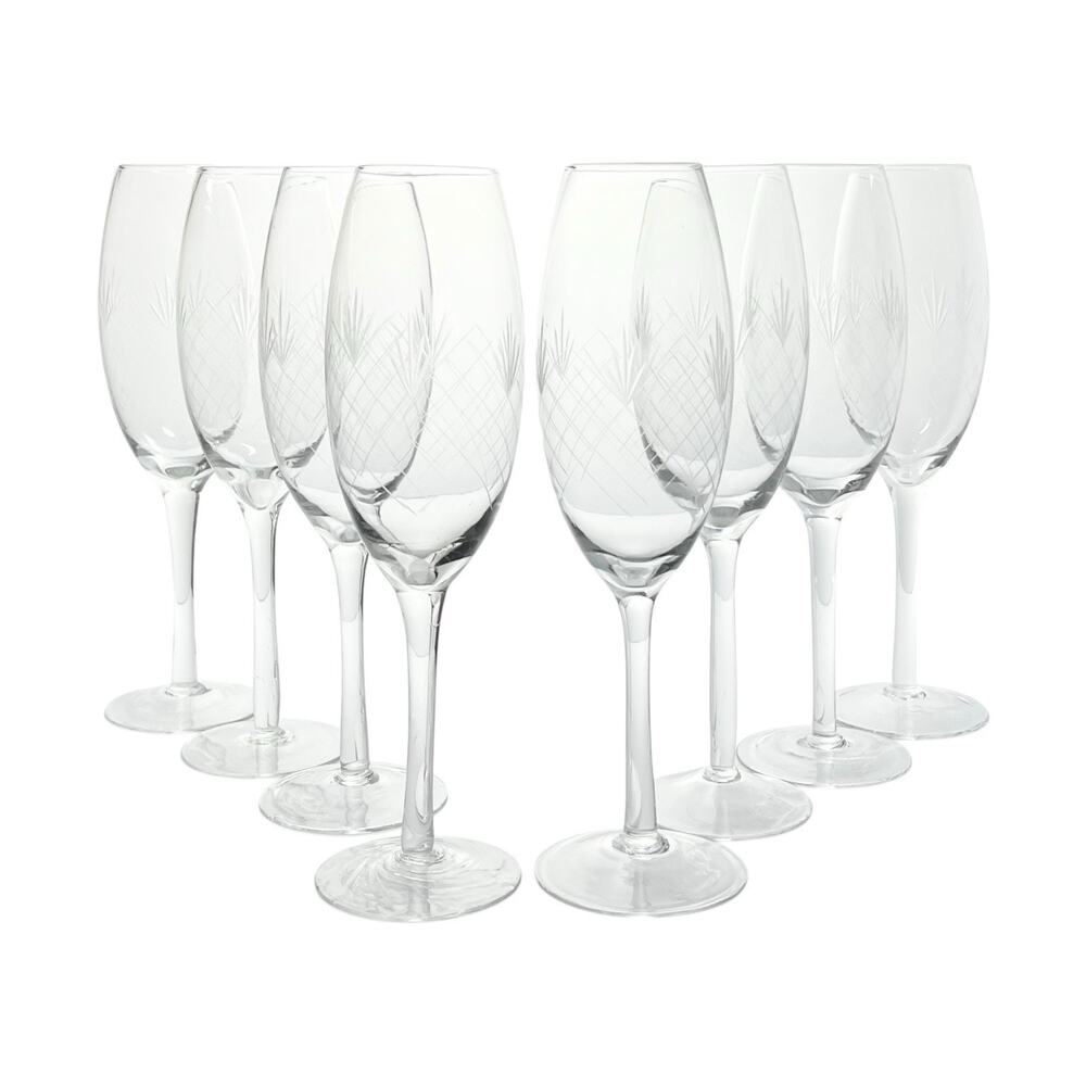 1940s Set of 8 Etched Glass Champagne Wine All Purpose Glasses 10” 14oz Fan Cuts